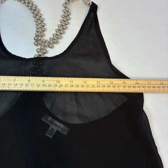 Roommates Black Beaded Tank Top Chain Strap Medium Sheer Racerback Mob Wife Goth - Picture 7 of 7